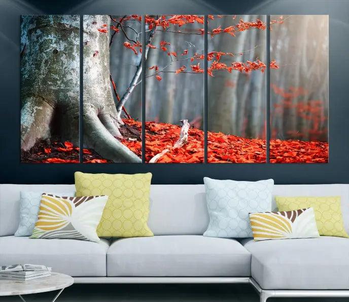 The "Big Tree and Forest Red Leave Wall Art Canvas Print" adorns the wall, featuring a striking triptych of a forest scene with a large tree trunk and vibrant red leaves. This artwork is printed on museum-quality Polycotton canvas and comes ready to hang, offering both elegance and durability.