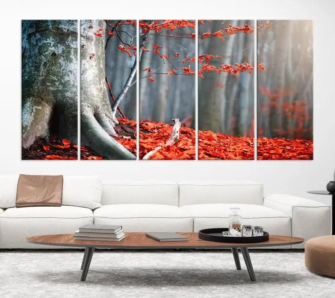 The "Big Tree and Forest Red Leave Wall Art Canvas Print" adorns the wall, featuring a striking triptych of a forest scene with a large tree trunk and vibrant red leaves. This artwork is printed on museum-quality Polycotton canvas and comes ready to hang, offering both elegance and durability.