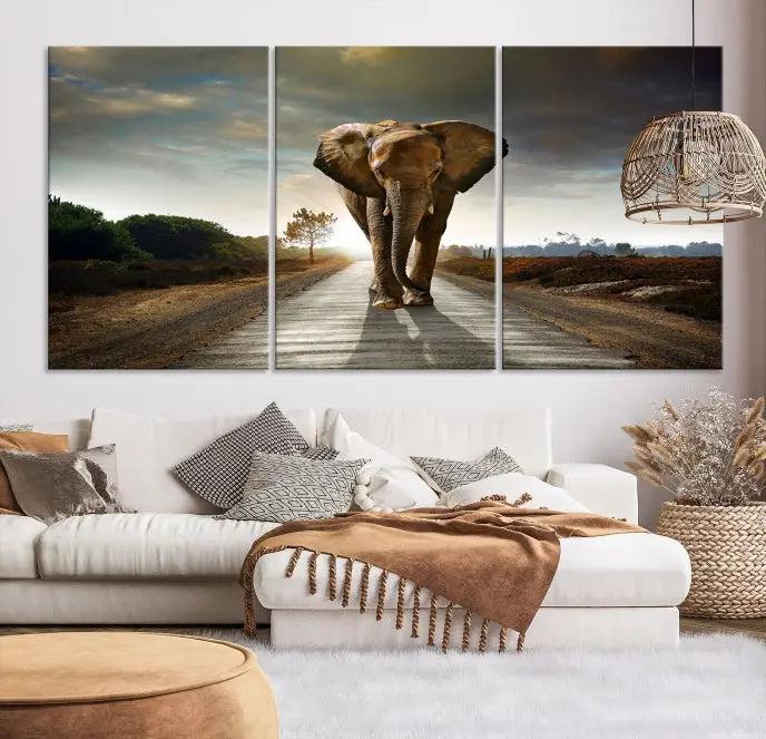 The wall features the elegant Big Wild Elephant Wall Art Canvas Print triptych. These museum-quality canvas prints enhance the space beautifully, with free shipping providing a seamless experience.