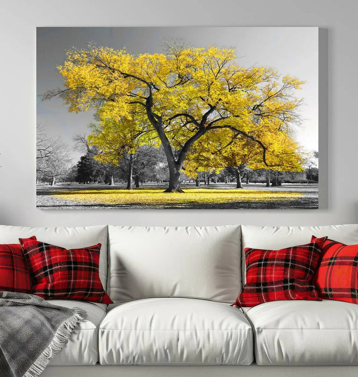 The "Big Yellow Tree Canvas Wall Art Print Black White Yellow Art Painting" showcases a large yellow tree in a park.