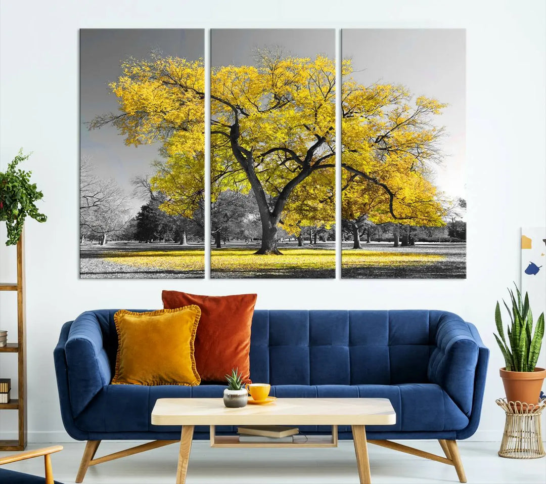 The "Big Yellow Tree Canvas Wall Art Print Black White Yellow Art Painting" showcases a large yellow tree in a park.