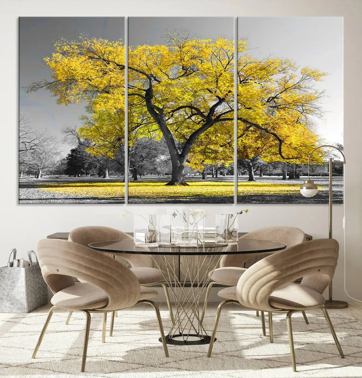 The "Big Yellow Tree Canvas Wall Art Print Black White Yellow Art Painting" showcases a large yellow tree in a park.