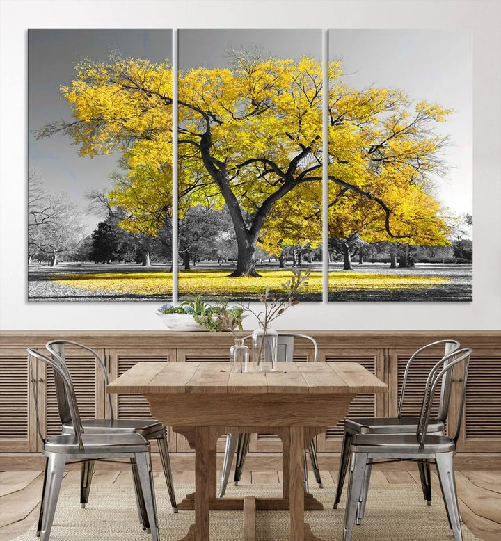 The "Big Yellow Tree Canvas Wall Art Print Black White Yellow Art Painting" showcases a large yellow tree in a park.