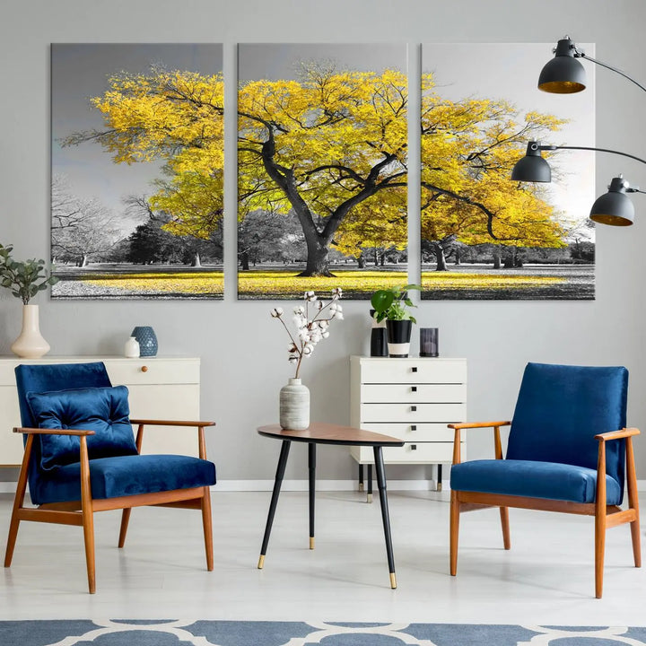 The "Big Yellow Tree Canvas Wall Art Print Black White Yellow Art Painting" showcases a large yellow tree in a park.