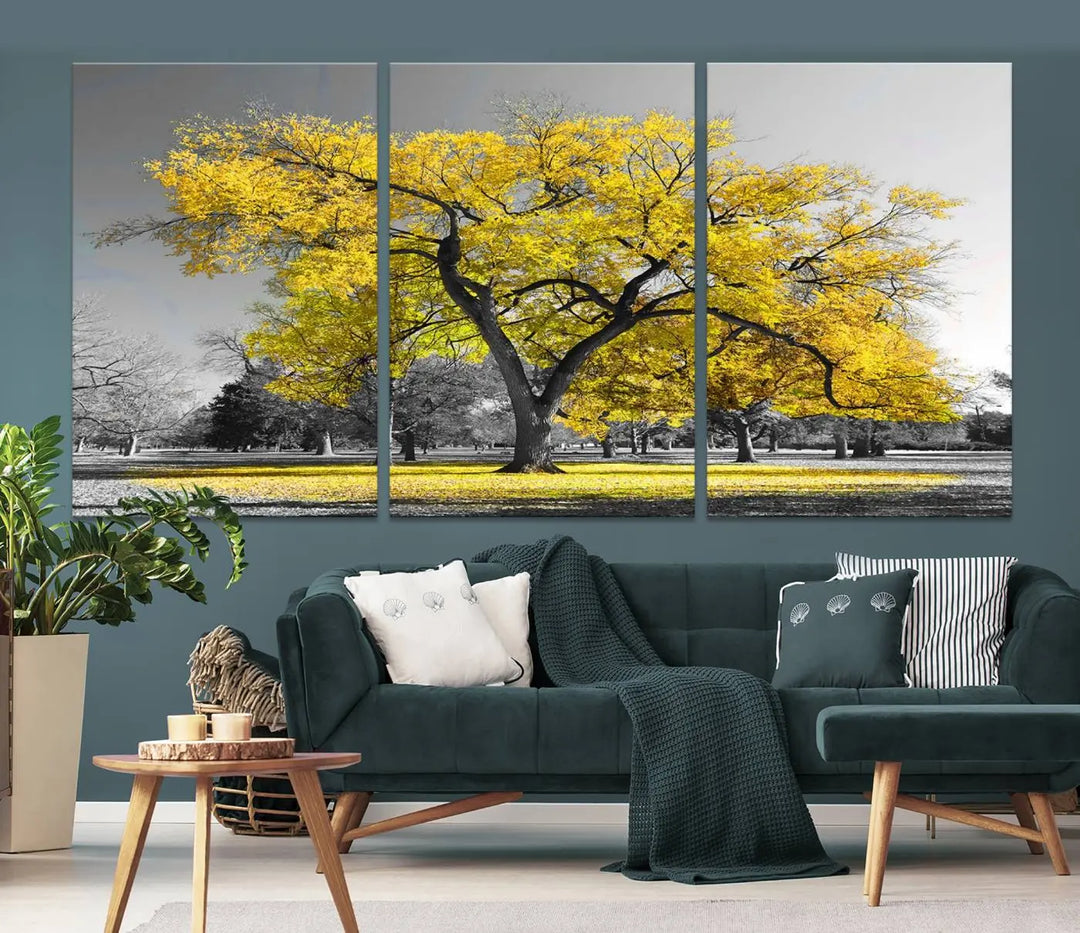 The "Big Yellow Tree Canvas Wall Art Print Black White Yellow Art Painting" showcases a large yellow tree in a park.