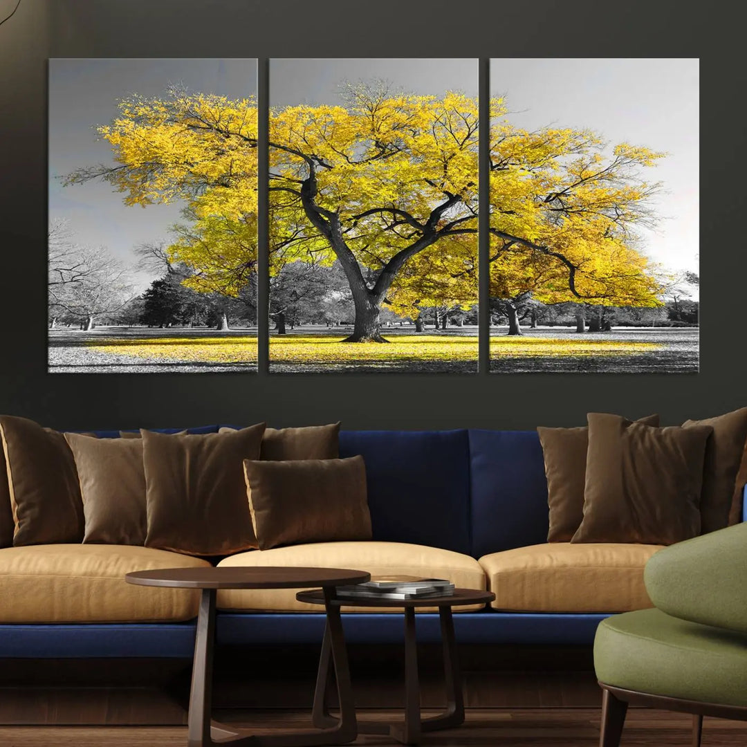 The "Big Yellow Tree Canvas Wall Art Print Black White Yellow Art Painting" showcases a large yellow tree in a park.