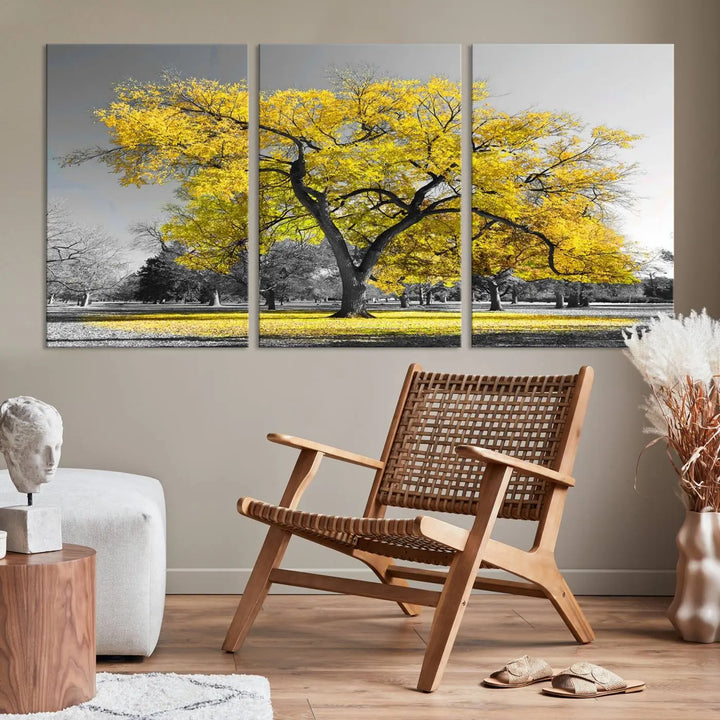 The "Big Yellow Tree Canvas Wall Art Print Black White Yellow Art Painting" showcases a large yellow tree in a park.