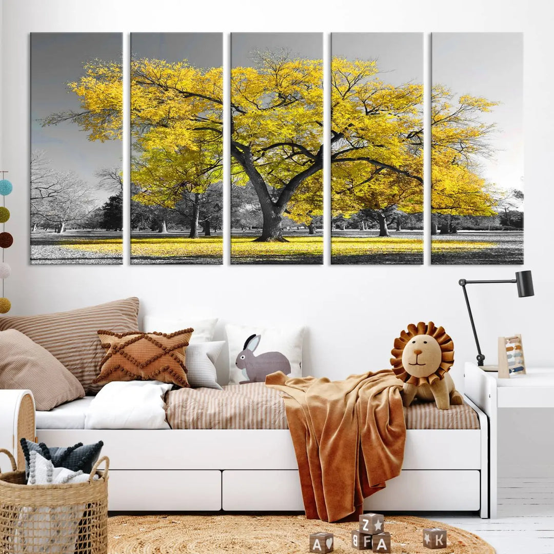 The "Big Yellow Tree Canvas Wall Art Print Black White Yellow Art Painting" showcases a large yellow tree in a park.