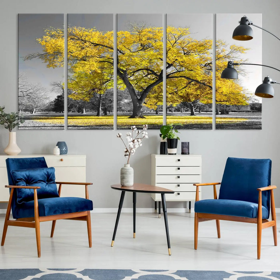 The "Big Yellow Tree Canvas Wall Art Print Black White Yellow Art Painting" showcases a large yellow tree in a park.