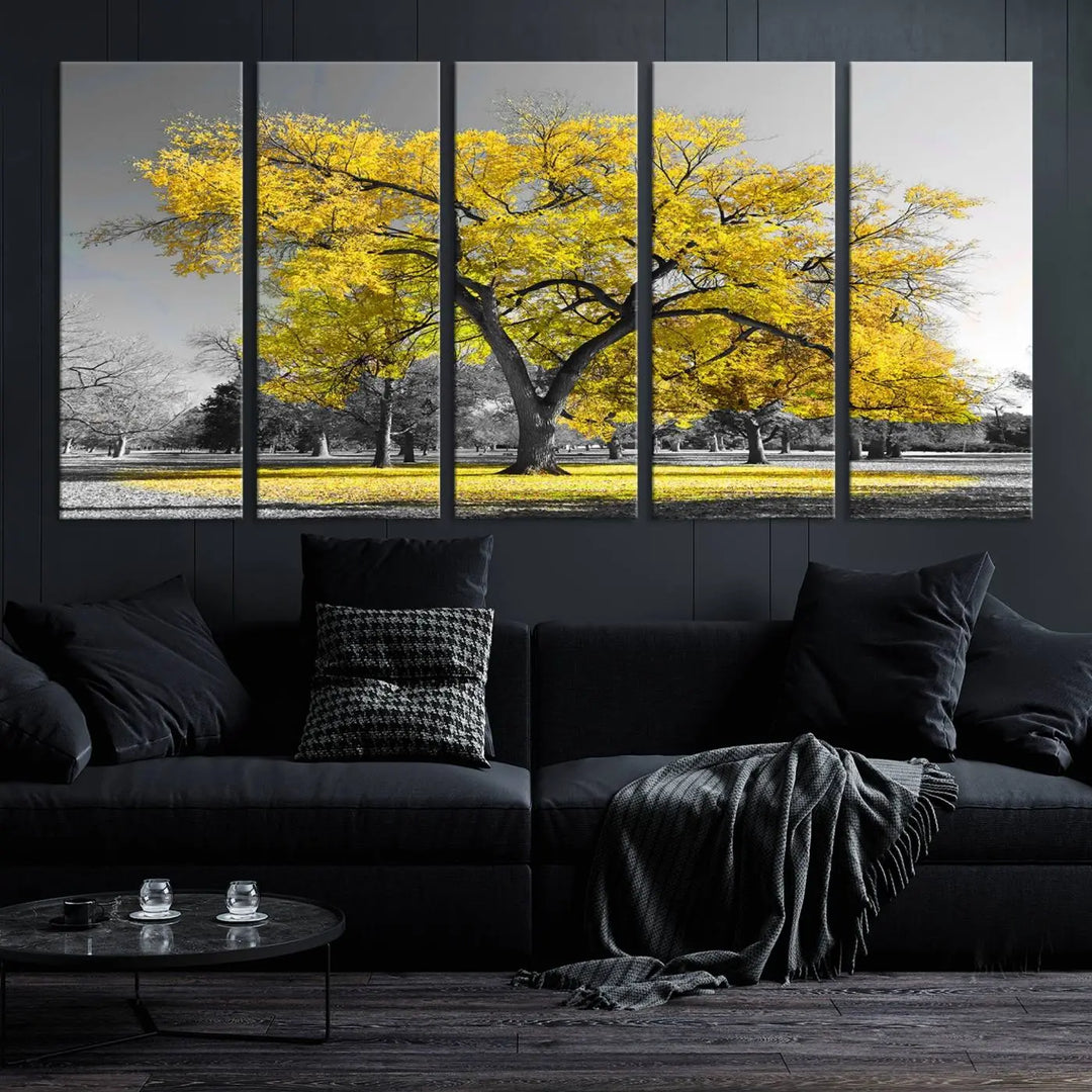 The "Big Yellow Tree Canvas Wall Art Print Black White Yellow Art Painting" showcases a large yellow tree in a park.