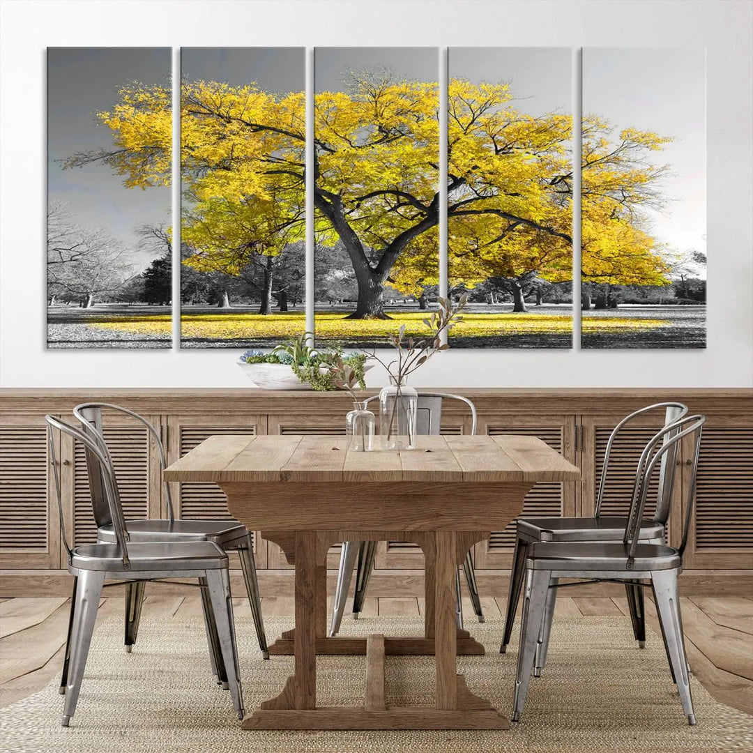 The "Big Yellow Tree Canvas Wall Art Print Black White Yellow Art Painting" showcases a large yellow tree in a park.