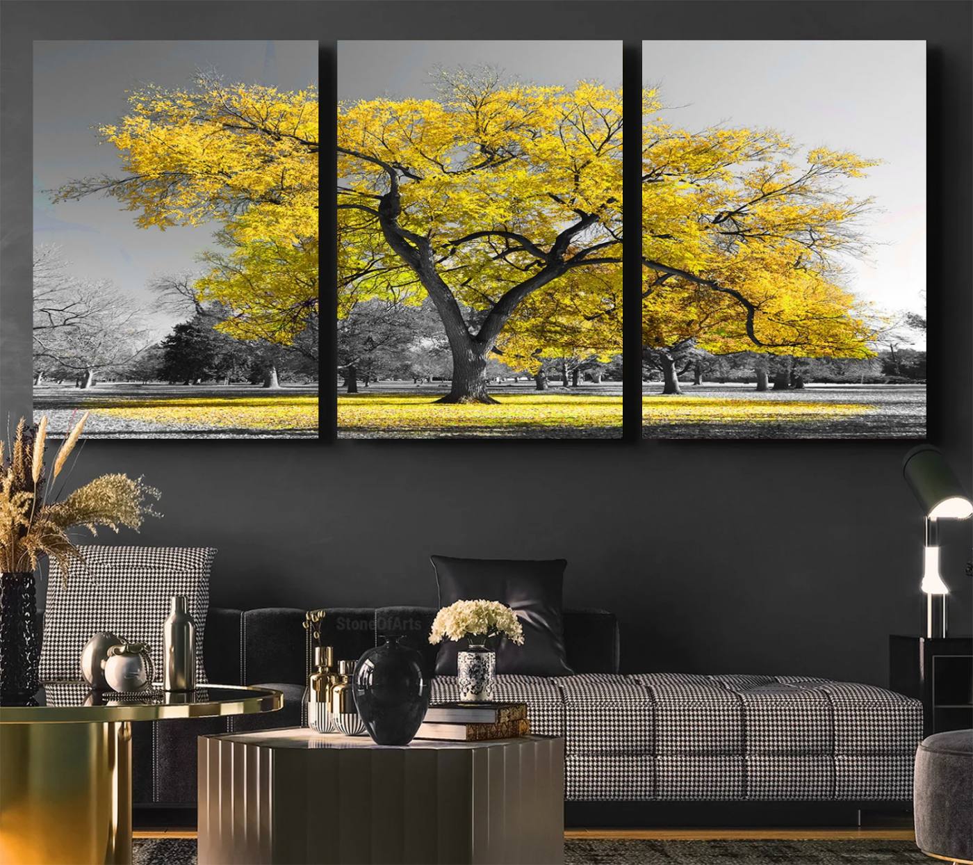87659-MGV-CV-36X24-Big Yellow Tree Canvas Wall Art Print Black White Yellow Art Painting
