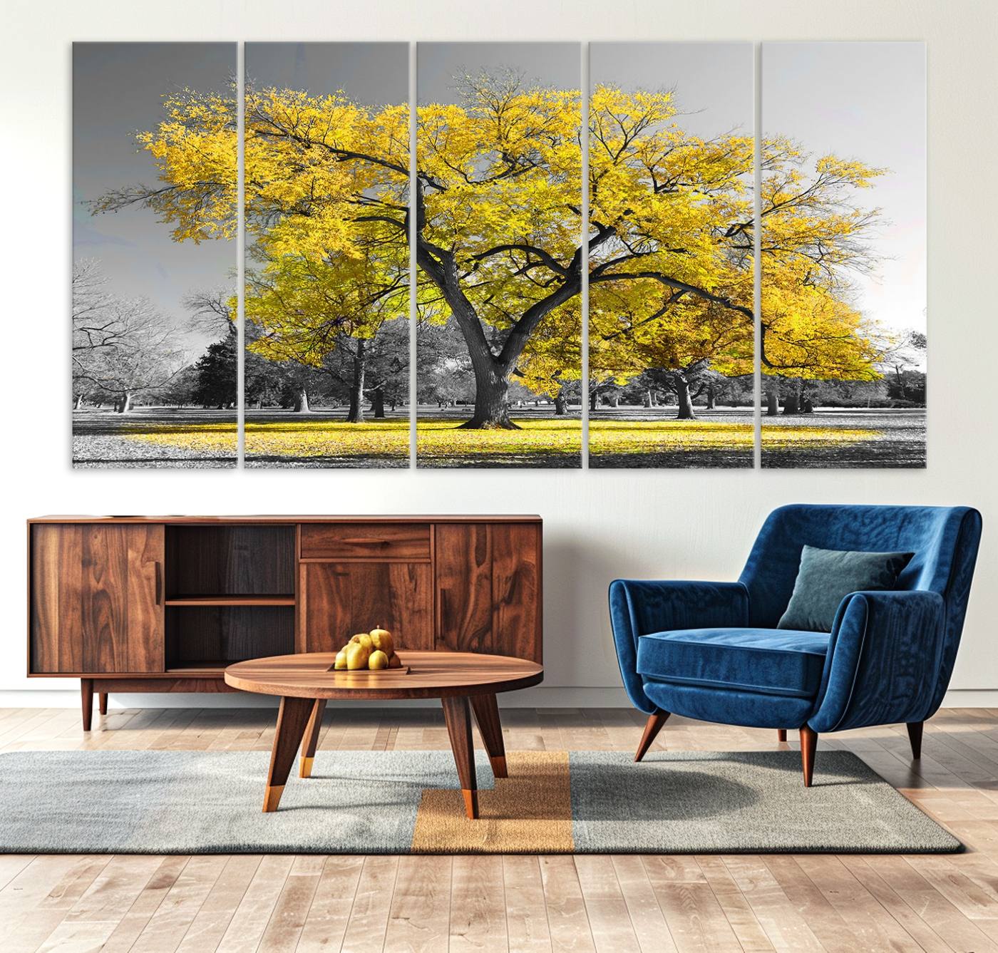 87659-MGV-CV-36X24-Big Yellow Tree Canvas Wall Art Print Black White Yellow Art Painting