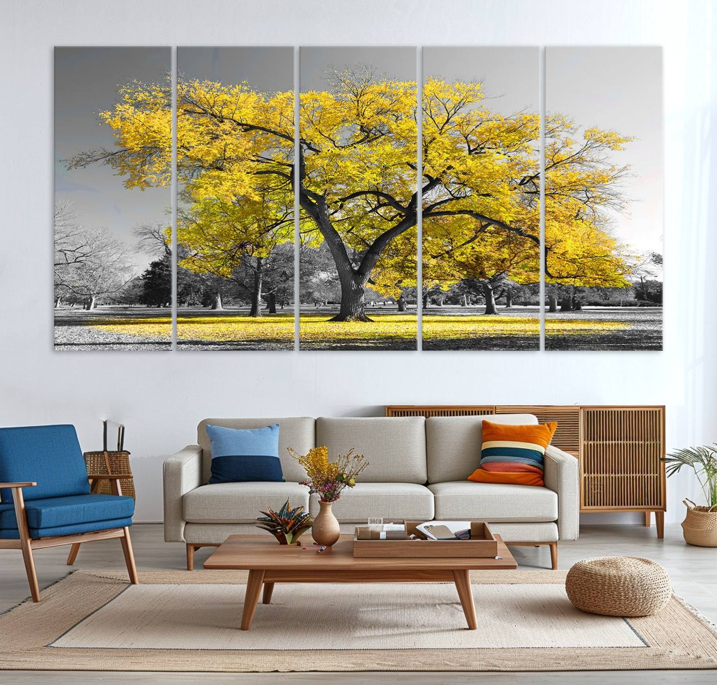 87659-MGV-CV-36X24-Big Yellow Tree Canvas Wall Art Print Black White Yellow Art Painting