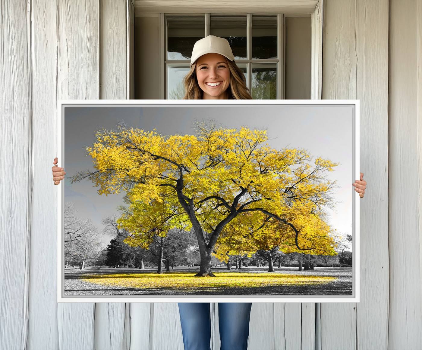 87659-MGV-CV-36X24-Big Yellow Tree Canvas Wall Art Print Black White Yellow Art Painting
