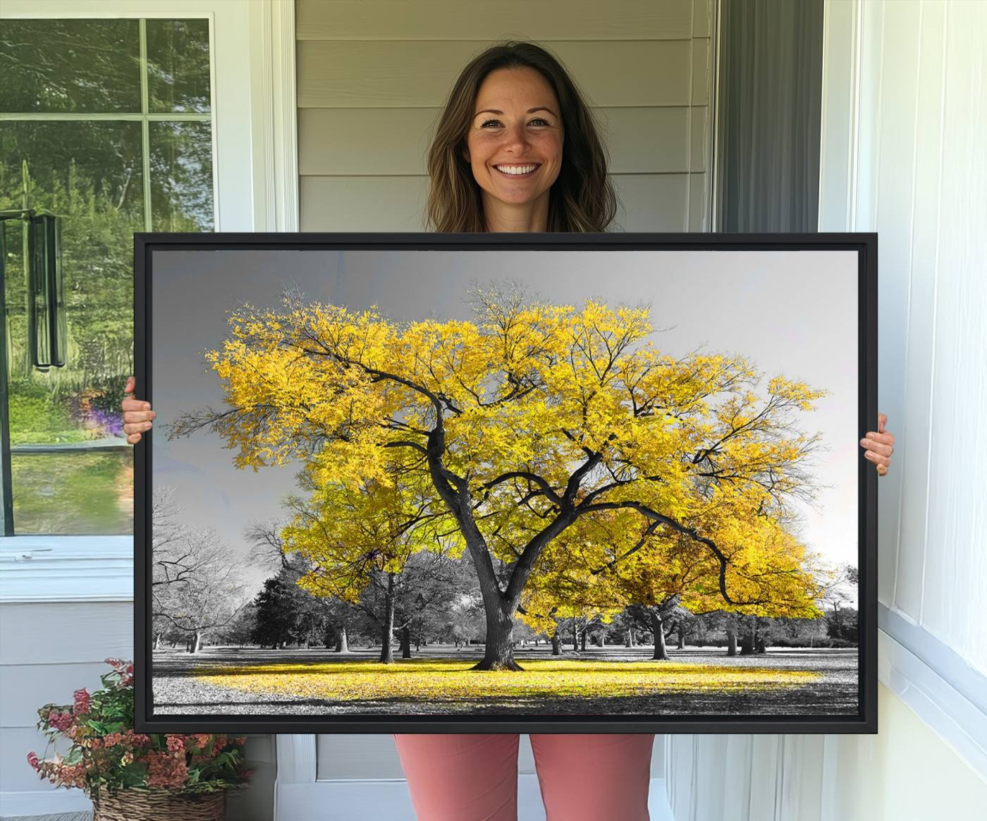 87659-MGV-CV-36X24-Big Yellow Tree Canvas Wall Art Print Black White Yellow Art Painting