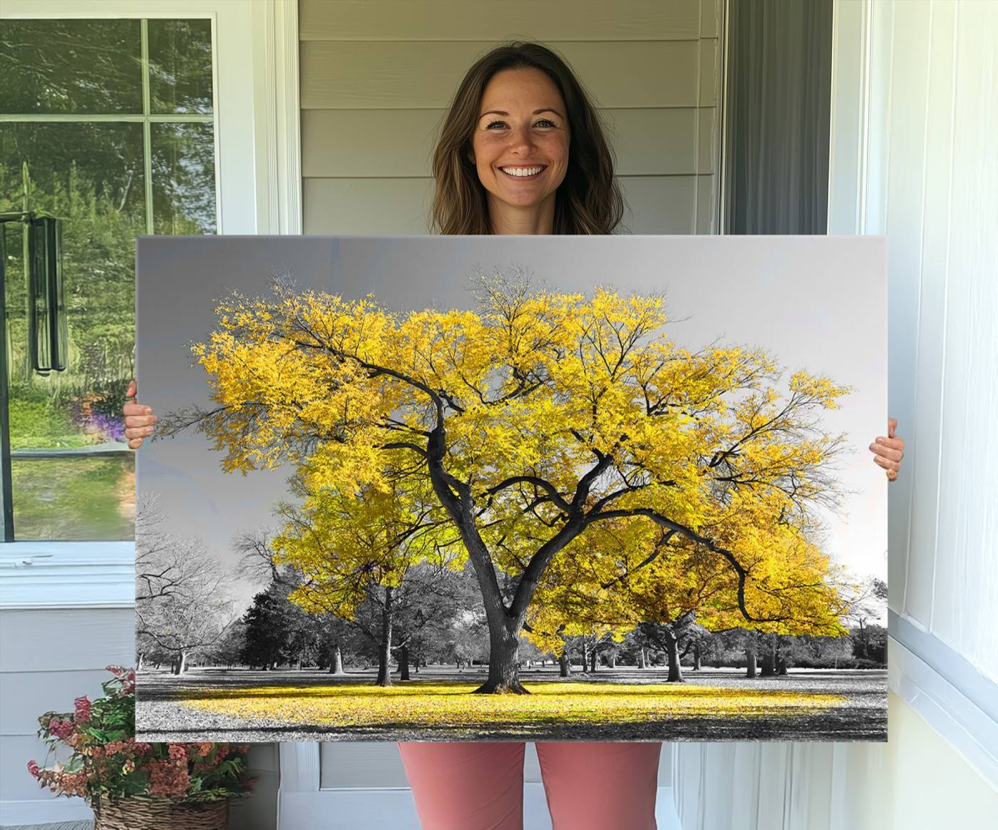 87659-MGV-CV-36X24-Big Yellow Tree Canvas Wall Art Print Black White Yellow Art Painting