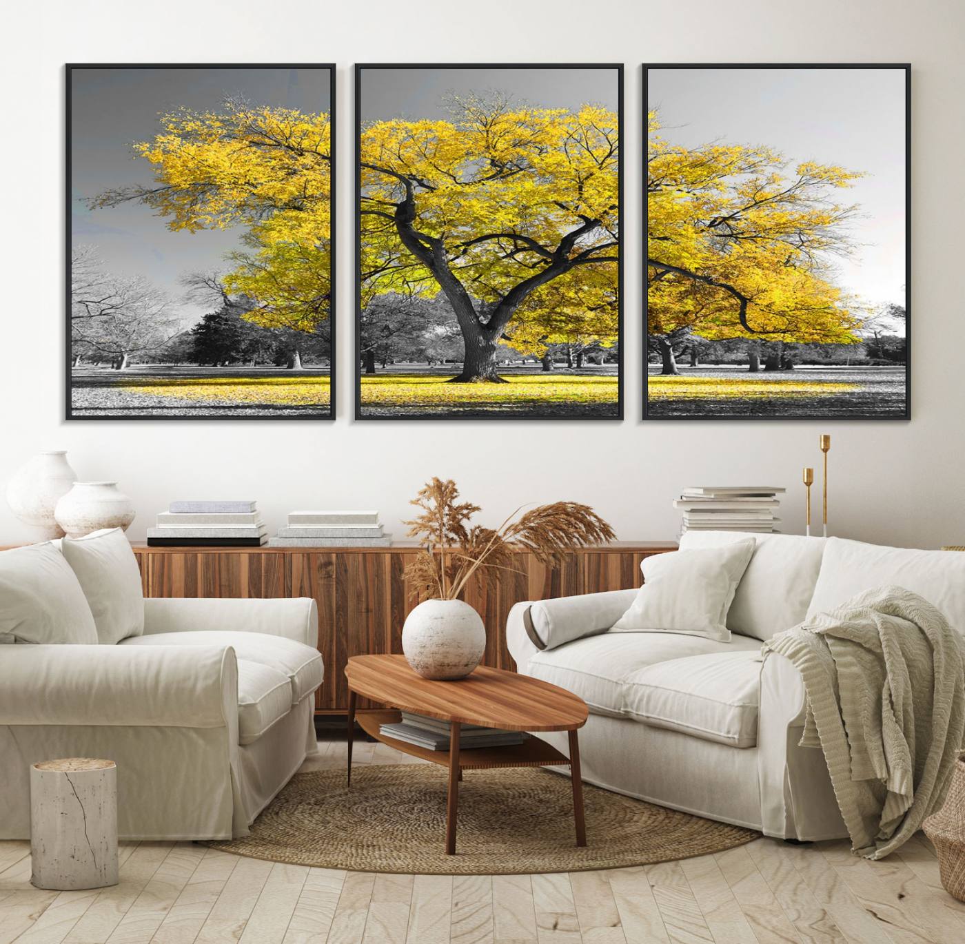 87659-MGV-FC-60X30-3P_Black-Big Yellow Tree Canvas Wall Art Print Black White Yellow Art Painting