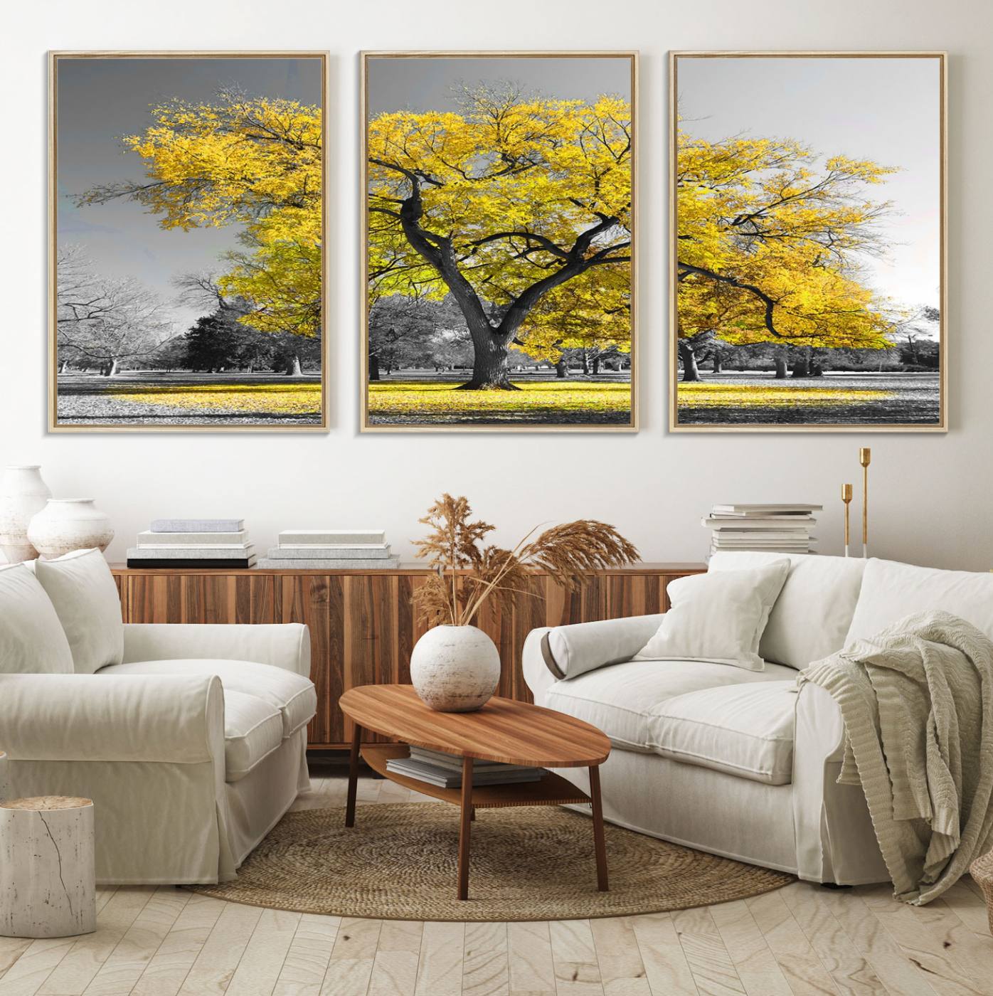 87659-MGV-FC-60X30-3P_Natural-Big Yellow Tree Canvas Wall Art Print Black White Yellow Art Painting