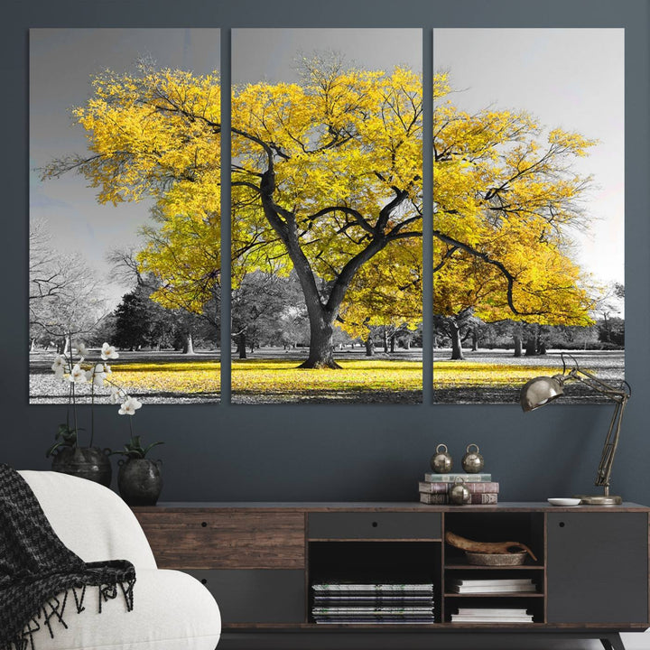 Big Yellow Tree Canvas Wall Art Print Black White Yellow Art Painting