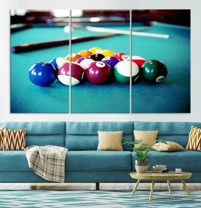 A set of three Billiard Balls Wall Art Canvas Prints adorns the wall. Printed on museum-quality canvas with a UV-protective coating, each ready-to-hang piece adds a sophisticated touch to your living space.