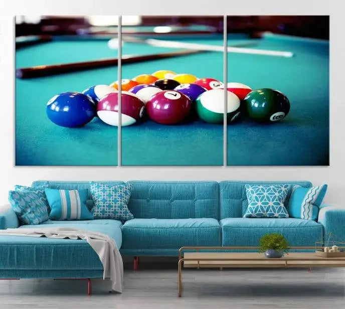 A set of three Billiard Balls Wall Art Canvas Prints adorns the wall. Printed on museum-quality canvas with a UV-protective coating, each ready-to-hang piece adds a sophisticated touch to your living space.