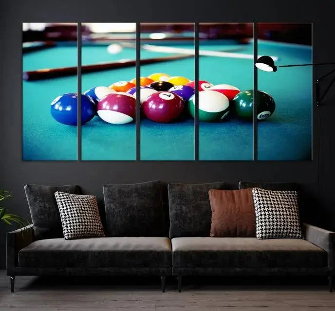 A set of three Billiard Balls Wall Art Canvas Prints adorns the wall. Printed on museum-quality canvas with a UV-protective coating, each ready-to-hang piece adds a sophisticated touch to your living space.