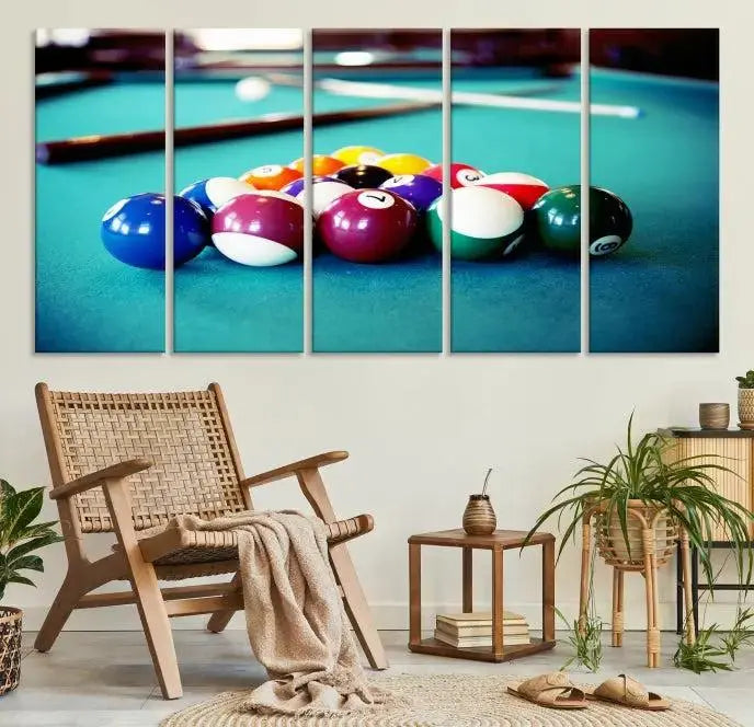 A set of three Billiard Balls Wall Art Canvas Prints adorns the wall. Printed on museum-quality canvas with a UV-protective coating, each ready-to-hang piece adds a sophisticated touch to your living space.