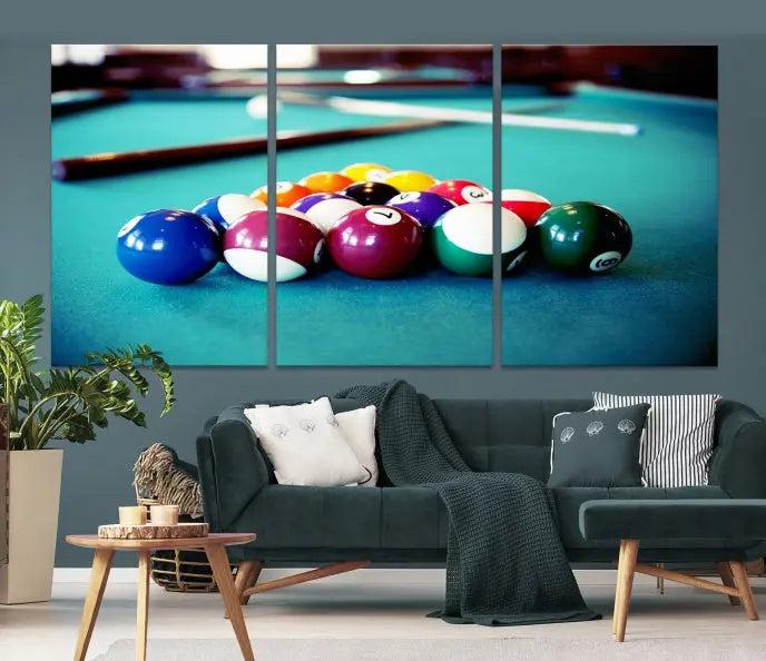 A set of three Billiard Balls Wall Art Canvas Prints adorns the wall. Printed on museum-quality canvas with a UV-protective coating, each ready-to-hang piece adds a sophisticated touch to your living space.