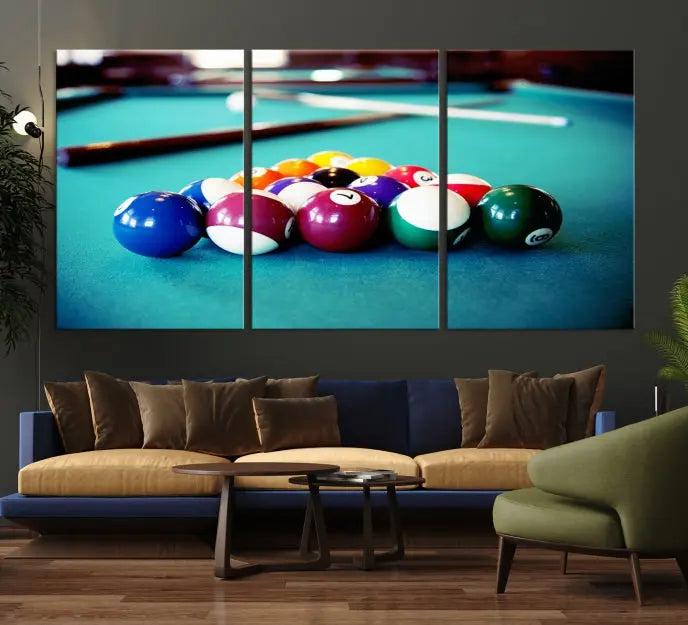 A set of three Billiard Balls Wall Art Canvas Prints adorns the wall. Printed on museum-quality canvas with a UV-protective coating, each ready-to-hang piece adds a sophisticated touch to your living space.