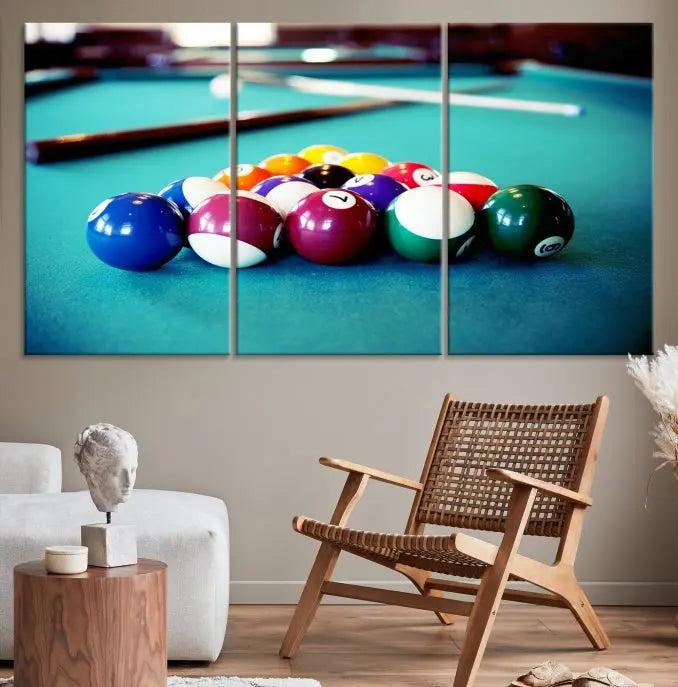 A set of three Billiard Balls Wall Art Canvas Prints adorns the wall. Printed on museum-quality canvas with a UV-protective coating, each ready-to-hang piece adds a sophisticated touch to your living space.