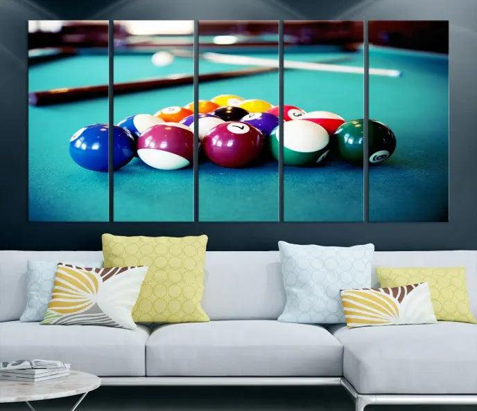 A set of three Billiard Balls Wall Art Canvas Prints adorns the wall. Printed on museum-quality canvas with a UV-protective coating, each ready-to-hang piece adds a sophisticated touch to your living space.