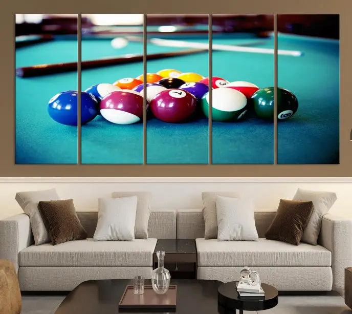 A set of three Billiard Balls Wall Art Canvas Prints adorns the wall. Printed on museum-quality canvas with a UV-protective coating, each ready-to-hang piece adds a sophisticated touch to your living space.