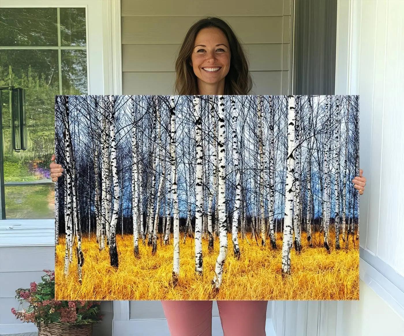 Birch Trees Wall Art Print, Wall Art Landscape Canvas Print Leafless Trees on Yellow Ground