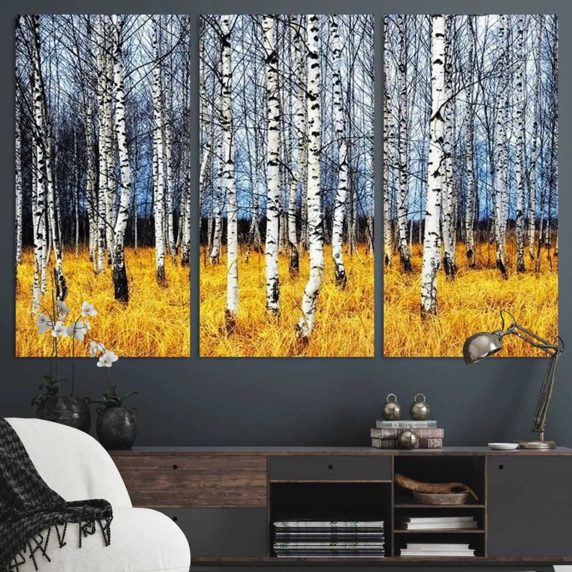 73699-MGV-CV-48X32-3P-Birch Trees Wall Art Print, Wall Art Landscape Canvas Print Leafless Trees on Yellow Ground