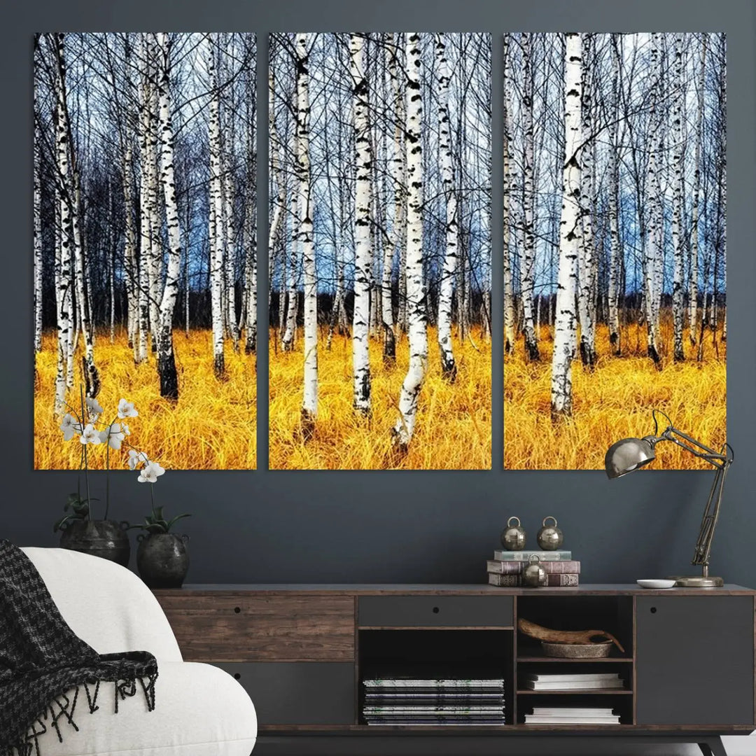 The Birch Trees Wall Art Print features a birch forest with yellow grass.