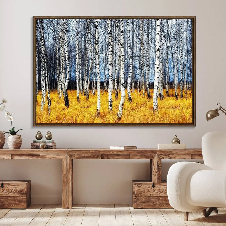 The Birch Trees Wall Art Print features a birch forest with yellow grass.