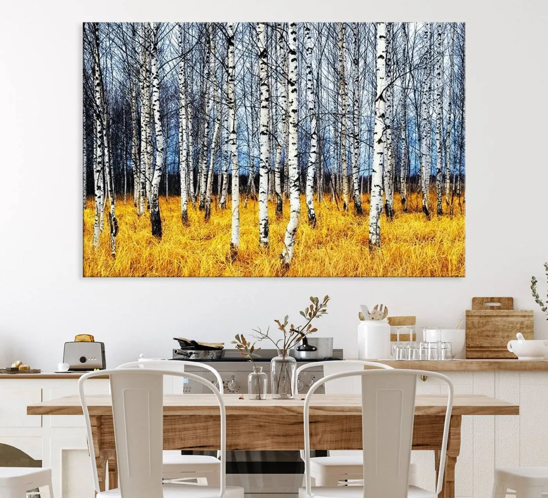 The Birch Trees Wall Art Print features a birch forest with yellow grass.