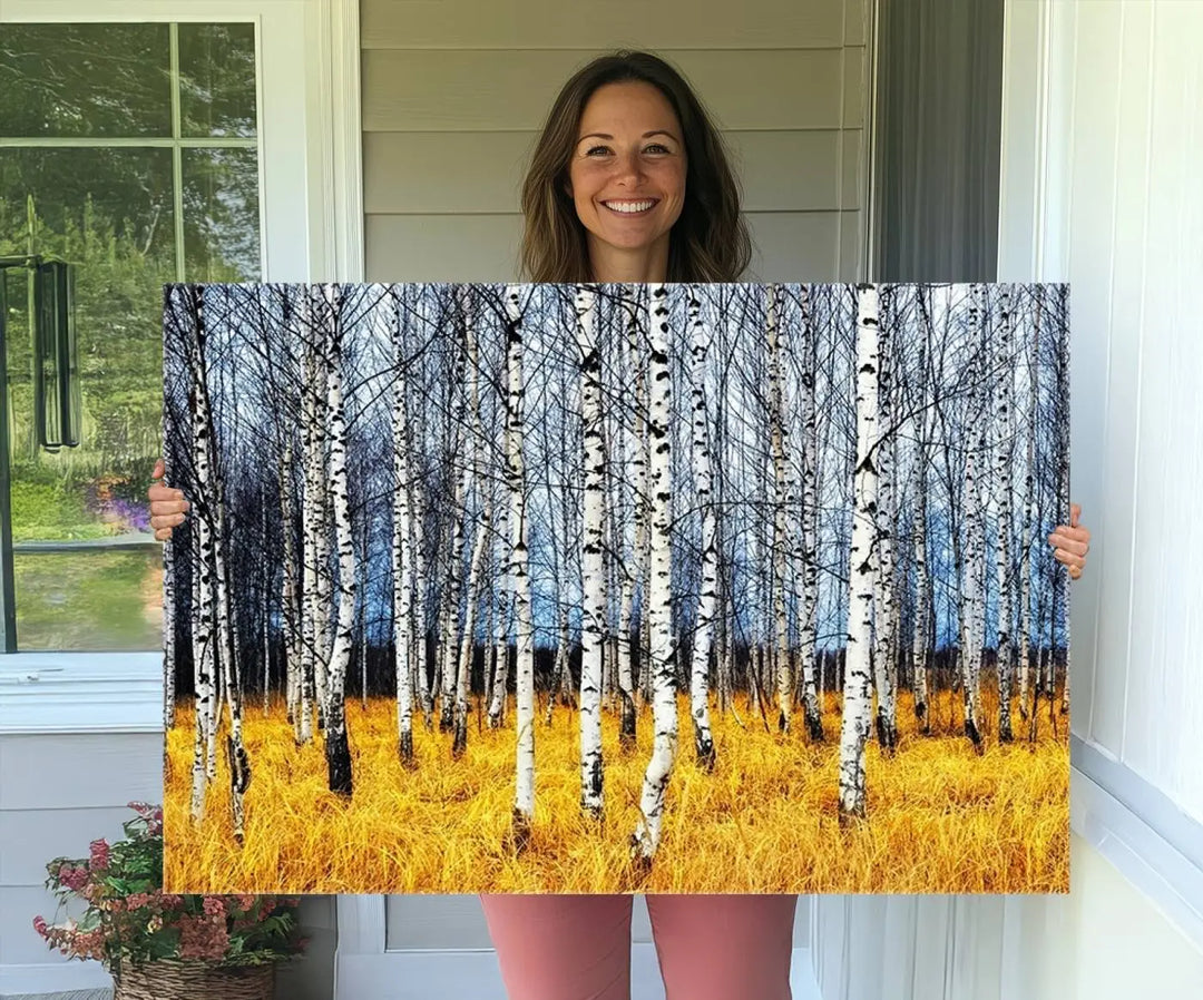 The Birch Trees Wall Art Print features a birch forest with yellow grass.