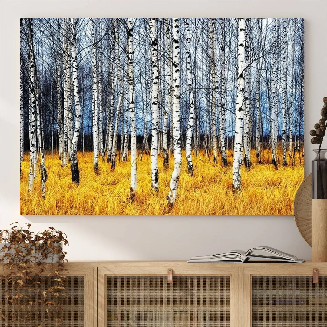 The Birch Trees Wall Art Print features a birch forest with yellow grass.