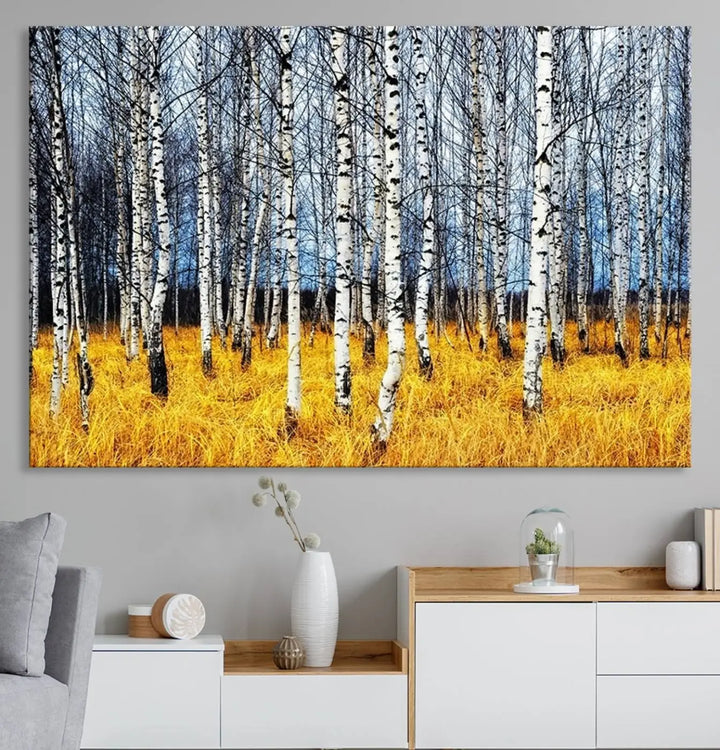 The Birch Trees Wall Art Print features a birch forest with yellow grass.