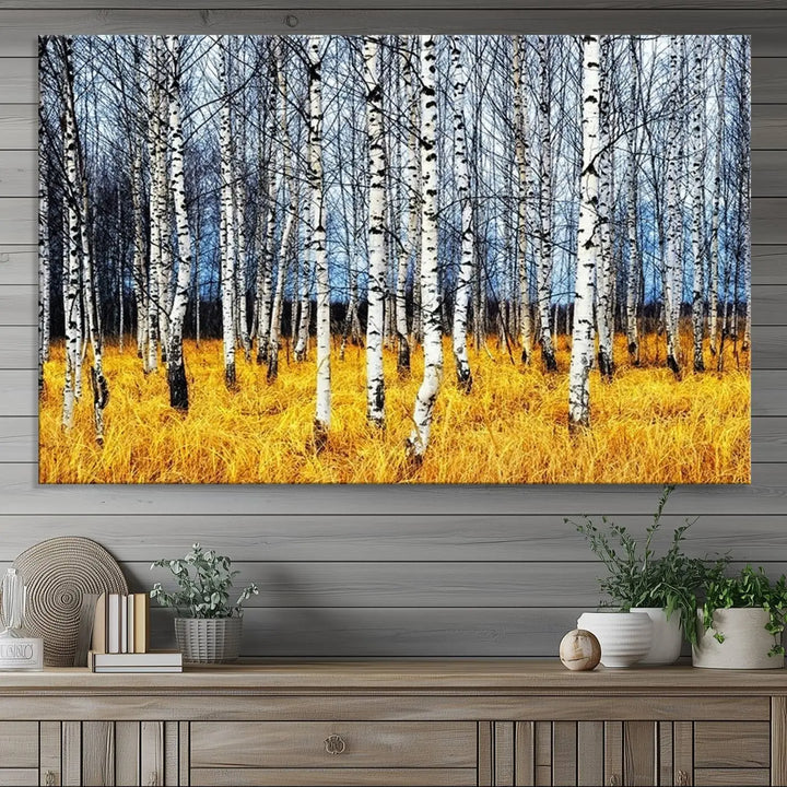 The Birch Trees Wall Art Print features a birch forest with yellow grass.