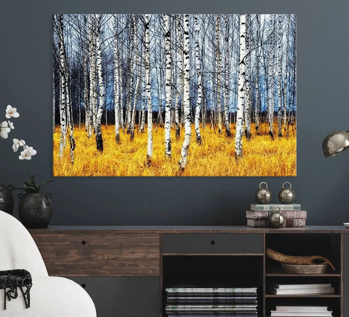 The Birch Trees Wall Art Print features a birch forest with yellow grass.