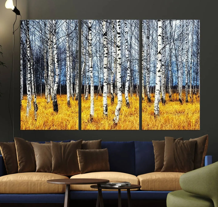 The Birch Trees Wall Art Print features a birch forest with yellow grass.