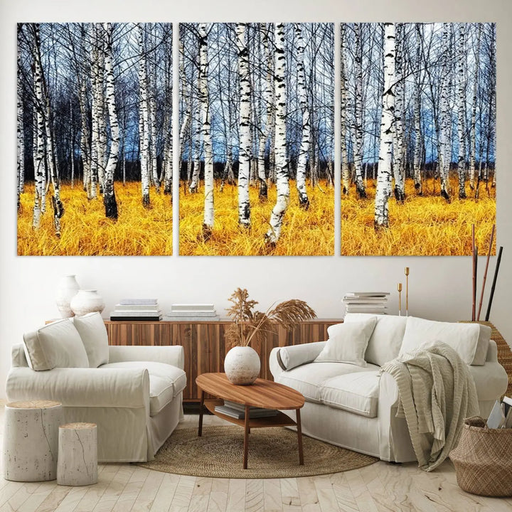 The Birch Trees Wall Art Print features a birch forest with yellow grass.