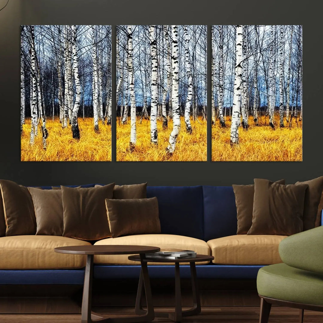 The Birch Trees Wall Art Print features a birch forest with yellow grass.