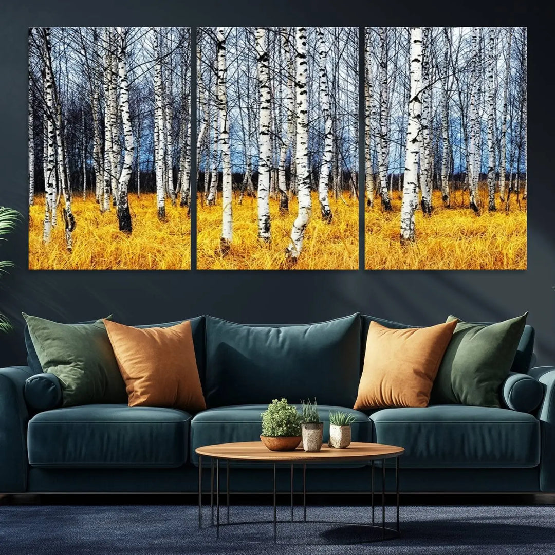 The Birch Trees Wall Art Print features a birch forest with yellow grass.