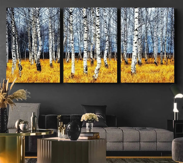 The Birch Trees Wall Art Print features a birch forest with yellow grass.