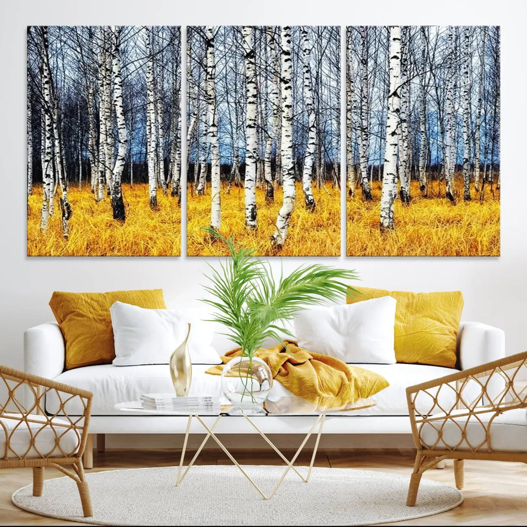 The Birch Trees Wall Art Print features a birch forest with yellow grass.