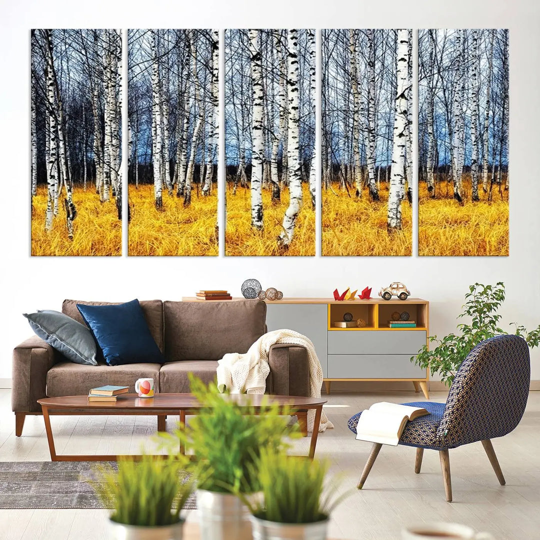 The Birch Trees Wall Art Print features a birch forest with yellow grass.